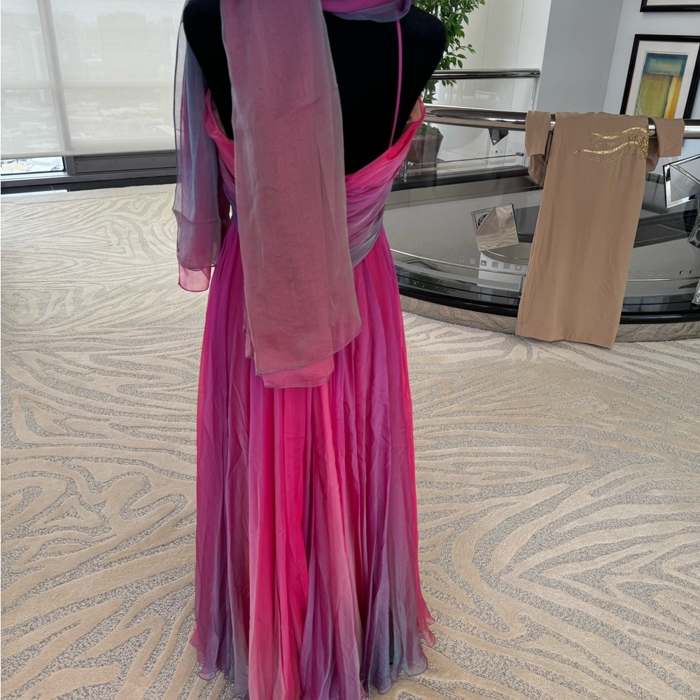 💕 Soo Yung Lee Vintage Silk Pink Ombré Spaghetti strap Ruched Gown with scarf - Picture 4 of 6